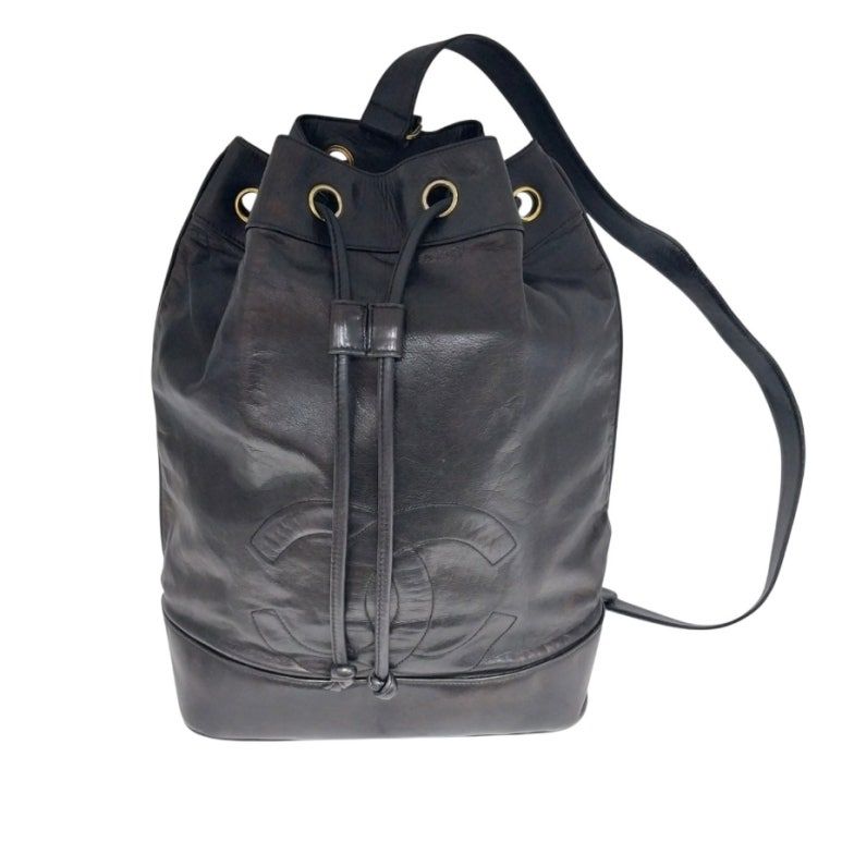 Black Lambskin CC Logo Drawstring Sling Bag Backpack