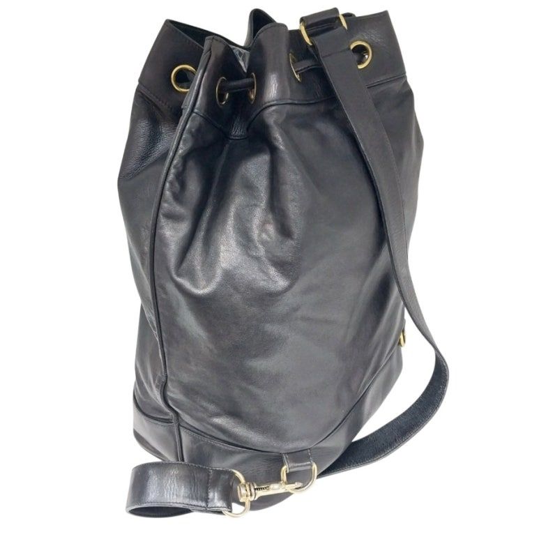 Black Lambskin CC Logo Drawstring Sling Bag Backpack