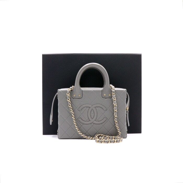 Chanel Top Handle Bag – Calfskin Leather – Grey – Gold Hardware