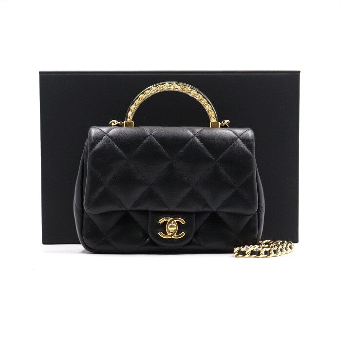 Chanel Top Handle Bag – Lambskin Leather – Black – Gold Hardware
