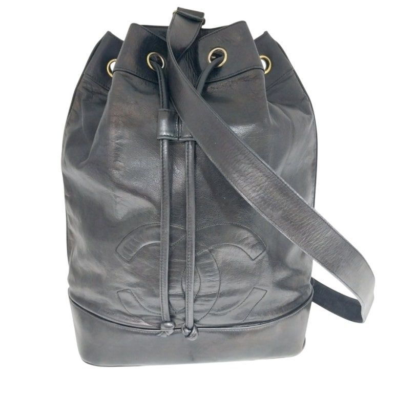 Black Lambskin CC Logo Drawstring Sling Bag Backpack