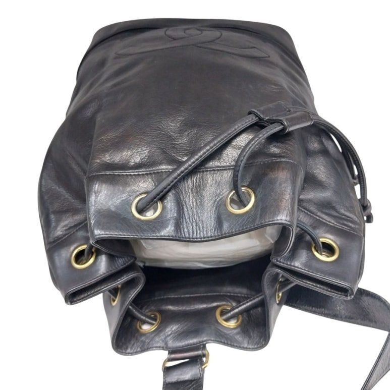 Black Lambskin CC Logo Drawstring Sling Bag Backpack